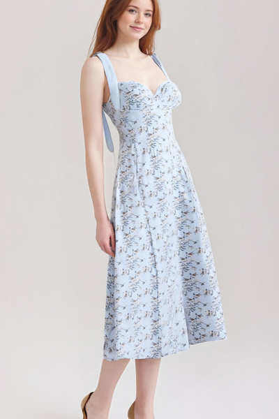 Retro Blue Floral Bow Tie V-Neck Strapless Sundress Dress