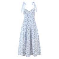 Retro Blue Floral Bow Tie V-Neck Strapless Sundress Dress - Thumbnail 2
