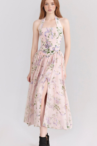 Fashionable and high-end French backless lace-up slit mid-length suspender dress