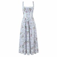 Romantic pastoral style lilac floral print lace patchwork waisted midi dress - Thumbnail 1