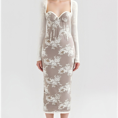 Sexy lace long-sleeved slim-fit square neck mid-length slit dress