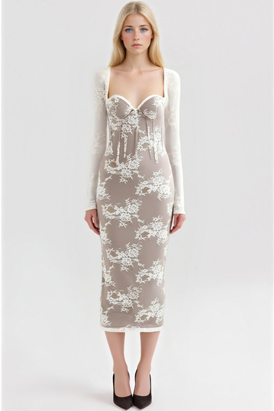 Sexy lace long-sleeved slim-fit square neck mid-length slit dress