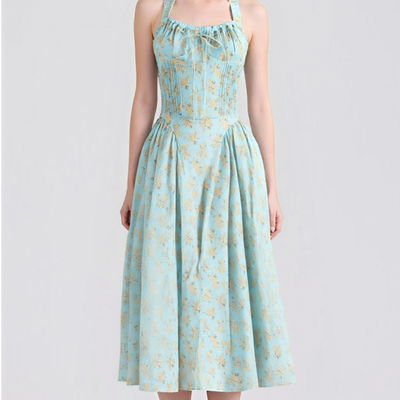 Pastoral style halterneck backless v-neck floral dress high waist holiday style maxi dress