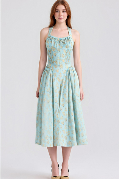 Pastoral style halterneck backless V-neck floral dress high waist holiday style maxi dress