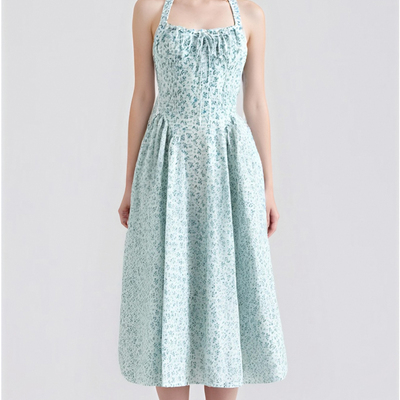 Pastoral style halterneck backless v-neck floral dress high waist holiday style maxi dress