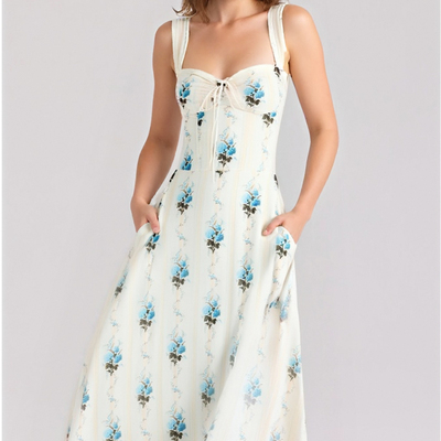 Elegant printed fishbone waist camisole midi dress