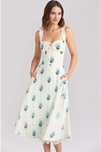 Elegant printed fishbone waist camisole midi dress