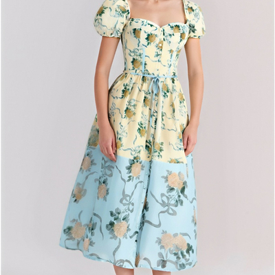 Bohemian retro romantic print patchwork puff sleeve waist slim dress