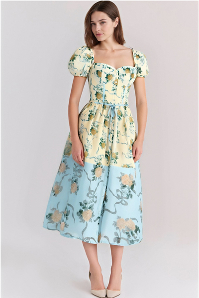 Bohemian retro romantic print patchwork puff sleeve waist slim dress