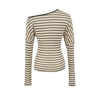 Sexy off-shoulder striped waist elastic slim long-sleeved T-shirt - Thumbnail 1