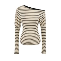 Sexy off-shoulder striped waist elastic slim long-sleeved T-shirt - Thumbnail 2