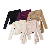 Mesh ribbon off-shoulder long-sleeved slim-fit T-shirt - Thumbnail 1