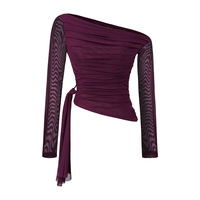 Mesh ribbon off-shoulder long-sleeved slim-fit T-shirt - Thumbnail 2