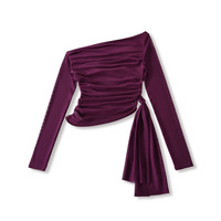 Mesh ribbon off-shoulder long-sleeved slim-fit T-shirt - Thumbnail 3