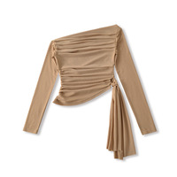 Mesh ribbon off-shoulder long-sleeved slim-fit T-shirt - Thumbnail 4