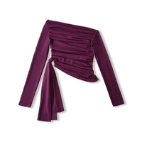 Mesh ribbon off-shoulder long-sleeved slim-fit T-shirt - Thumbnail 5