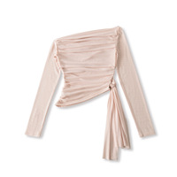 Mesh ribbon off-shoulder long-sleeved slim-fit T-shirt - Thumbnail 7