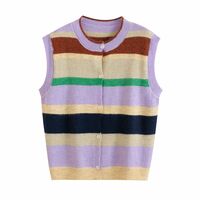 Retro contrast stripes multicolored round neck button knitted vest - Thumbnail 1