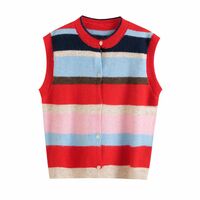 Retro contrast stripes multicolored round neck button knitted vest - Thumbnail 2