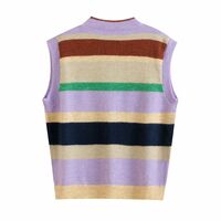 Retro contrast stripes multicolored round neck button knitted vest - Thumbnail 3