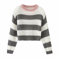Casual crew neck loose long sleeve contrast striped mohair sweater - Thumbnail 1