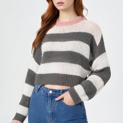 Casual crew neck loose long sleeve contrast striped mohair sweater