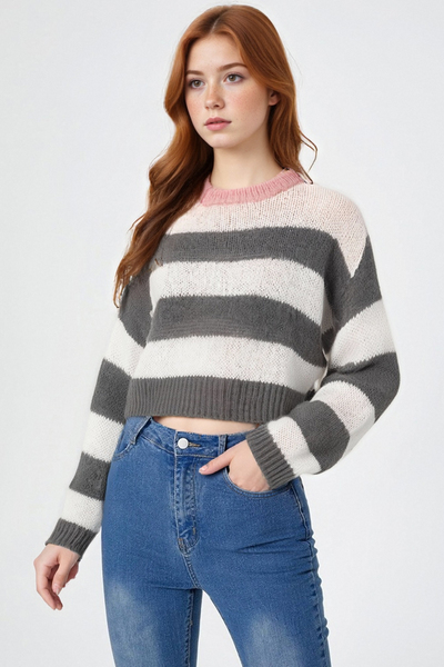 Casual crew neck loose long sleeve contrast striped mohair sweater