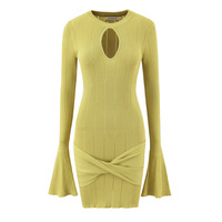 Hollow elastic slim hip-wrapped flared sleeve mustard green knitted dress - Thumbnail 1