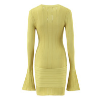 Hollow elastic slim hip-wrapped flared sleeve mustard green knitted dress - Thumbnail 2