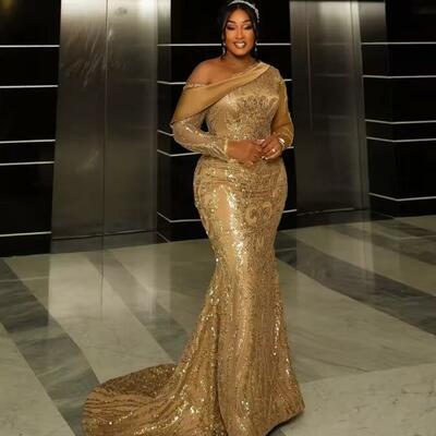 Sparkling gold long sleeves mermaid evening dress african women party gowns personalized elegant sequined prom dresse