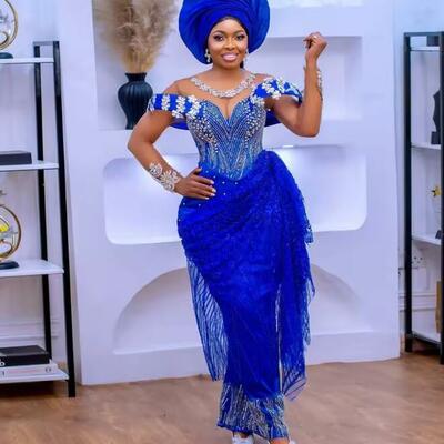 African prom dress beaded crystals sheer long sleeve illusion applique wedding prom gowns royal blue aso ebi formal gowns