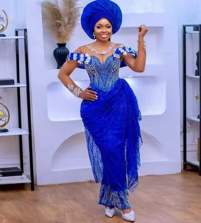 African Prom Dress Beaded Crystals Sheer Long Sleeve Illusion Applique Wedding Prom Gowns Royal Blue Aso Ebi Formal Gowns