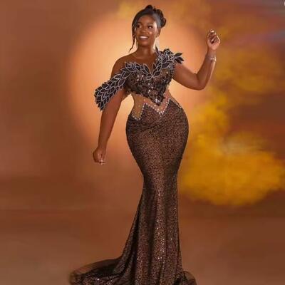 Sparkle lace african girls prom dress aso ebi evening party dresses long sleeves leaves crystal mermaid formal gown