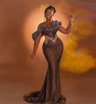 Sparkle Lace African Girls Prom Dress Aso Ebi Evening Party Dresses Long Sleeves Leaves Crystal Mermaid Formal Gown