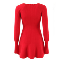 Wave-edge chest tie slim long-sleeved knitted stretch slim dress - Thumbnail 2