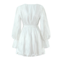 Temperament V-neck pleated tie waist short long-sleeved dress - Thumbnail 3