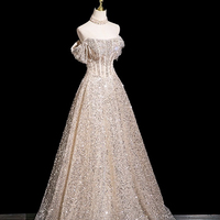 Champagne Tulle Sequins Long A-Line Prom Party Dress - Thumbnail 3