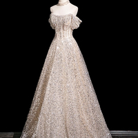 Champagne Tulle Sequins Long A-Line Prom Party Dress - Thumbnail 4