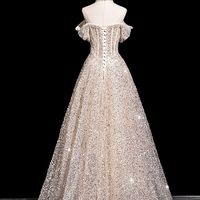 Champagne Tulle Sequins Long A-Line Prom Party Dress - Thumbnail 5