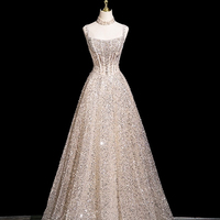 Champagne Tulle Sequins Long A-Line Prom Party Dress - Thumbnail 6