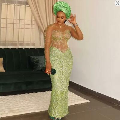 Green lace prom dresses sparkle sequined wedding guest dress nigerian birthday dress african evening party gowns