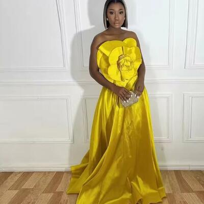 Pretty gold formal satin long party gowns with 3d flower details bloom african women maxi dress floor length lace up gala dress