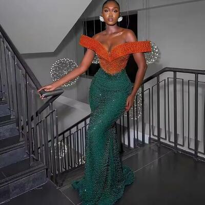 Sparkle beading prom dresses aso ebi maxi gowns sequins lace party dress orange green mermaid formal dress embellishment