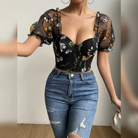 Fashion Mesh Flower Embroidery Design Puff Sleeve Crop top - Thumbnail 4