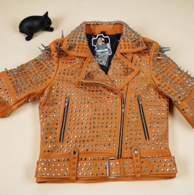 Crafted Leather New Women's Punk Rock Full Long Spiked Studded Brando Rusty Leather Jacket 