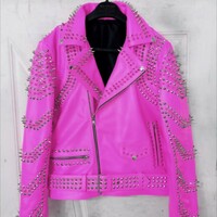 Crafted Leather New Women Punk Pink Silver Long Spiked Studded Brando Biker Leather Jacket - Thumbnail 2