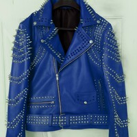 Crafted Leather New Women Punk Blue Silver Long Spiked Studded Brando Biker Leather Jacket - Thumbnail 2