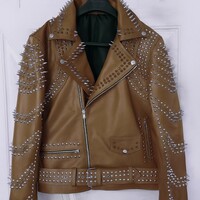 Crafted Leather New Women Punk Brown Silver Long Spiked Studded Brando Biker Leather Jacket - Thumbnail 1