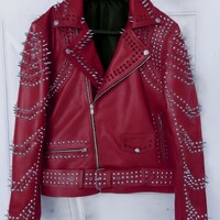 Crafted Leather New Women Punk Burgundy Silver Long Spiked Studded Brando Biker Leather Jacket - Thumbnail 4