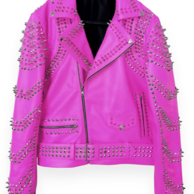 Crafted leather new women punk pink silver long spiked studded brando biker leather jacket